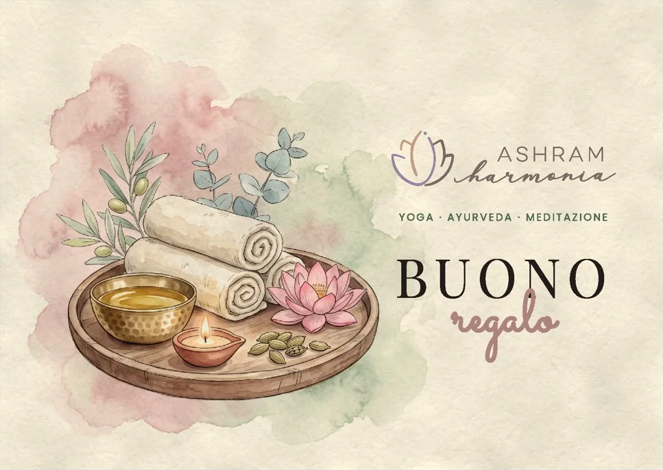 La cartolina del buono regalo dell'Ashram Harmonia, con l'illustrazione ad acquerello