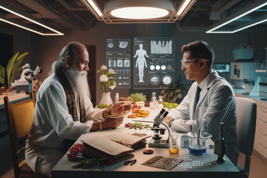 Nell'immagine si vede un medico ayurvedico Vaidya che dialoga con uno scienzato moderno