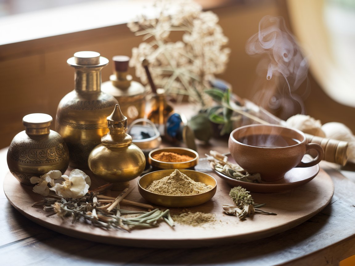 un vassoio su cui posano tante spezie e rimedi della scienza dell'ayurveda