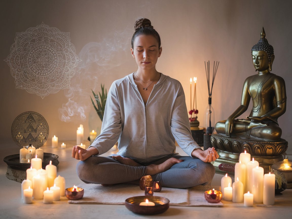 Una ragazza seduta in posizione di meditazione. Probabilmente sta praticando la meditazione Vipassana!