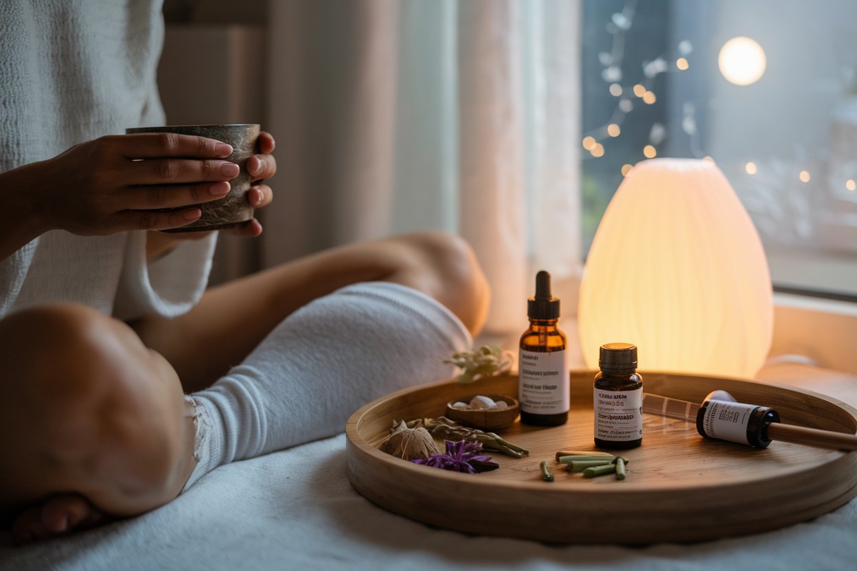 Rituale serale ayurvedico con tisana alle erbe, oli essenziali e ambiente rilassante per favorire il sonno.