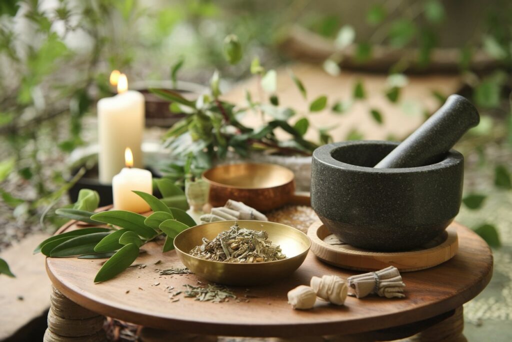 Illustrazione rappresentativa dell'Ayurveda, con elementi naturali e simboli dei Dosha