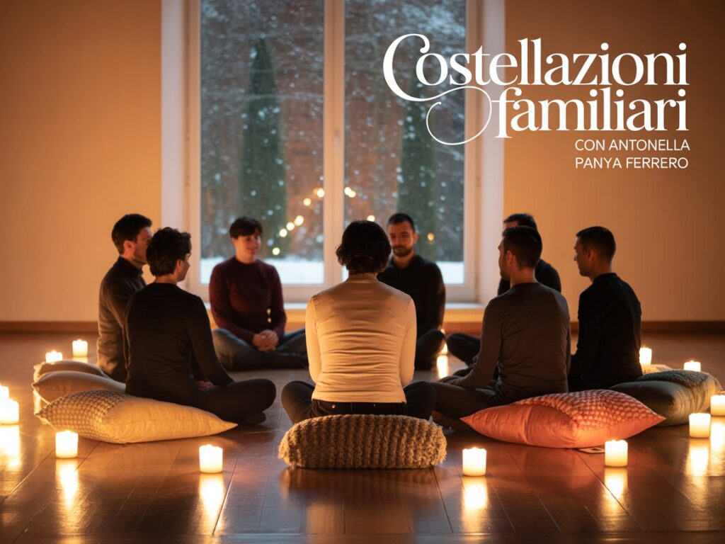 Cerchio di persone sedute su cuscini in una sala calda e accogliente, con candele accese e neve visibile fuori dalla finestra. Atmosfera intima durante una sessione di Costellazioni Familiari con Antonella Panya Ferrero presso Ashram Harmonia – evento invernale di domenica 15 dicembre 2025.
