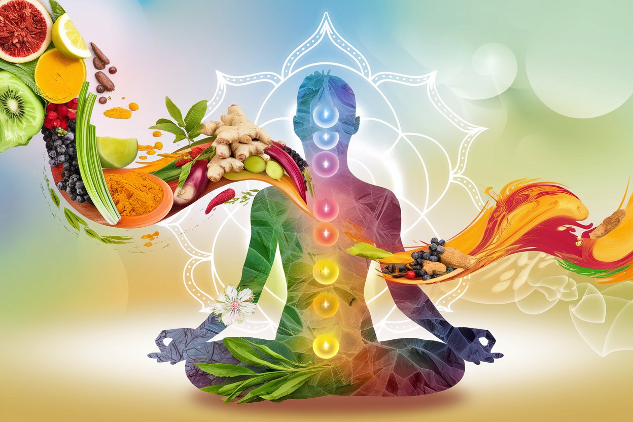 Illustrazione evocativa che raffigura come il cibo, secondo l'ayurveda, possa aiutarci a ritrovare e mantenere l'equilibrio
