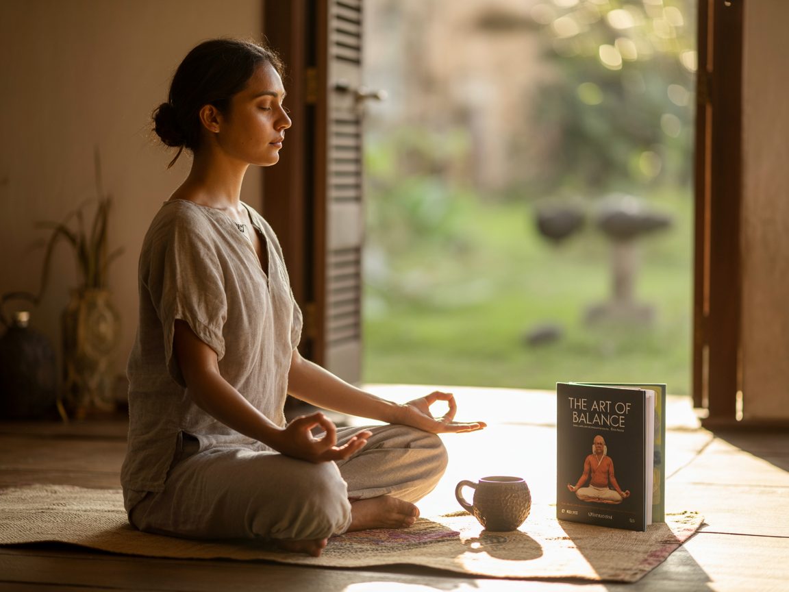 Donna in meditazione in una stanza luminosa, con una tazza e un libro sull’equilibrio digestivo