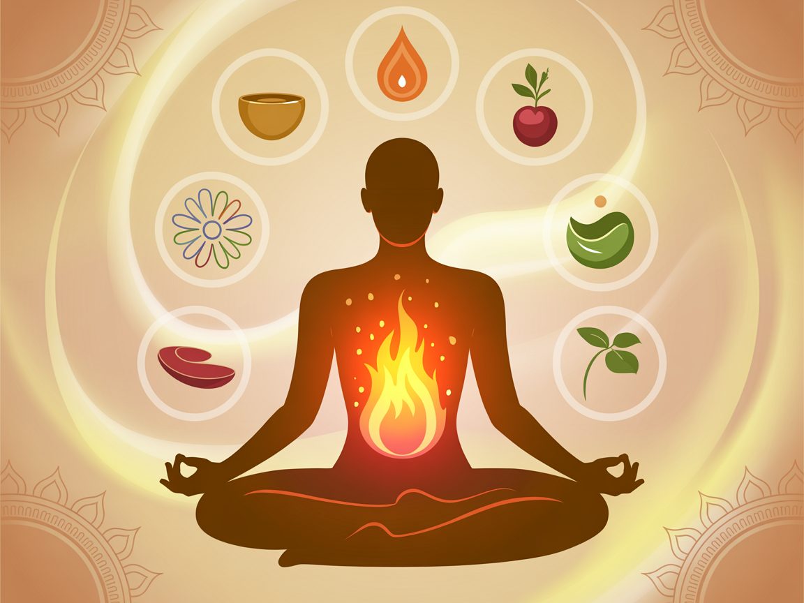 Illustrazione spirituale di una figura in meditazione con il fuoco digestivo (Agni) acceso nell’addome, circondata da sei icone rappresentanti i sapori Rasa dell’Ayurveda.