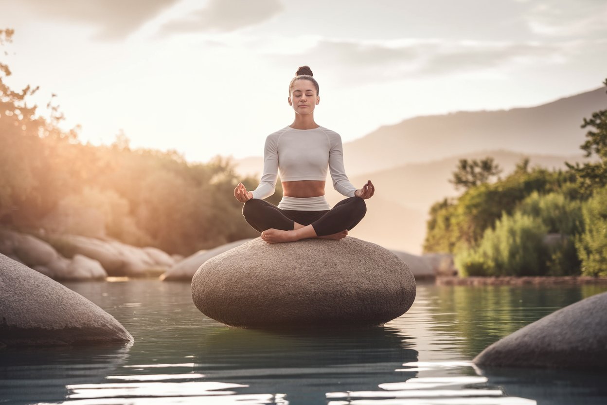 Una ragazza in perfetto equilibrio, che medita su una roccia "sospesa" sull'acqua