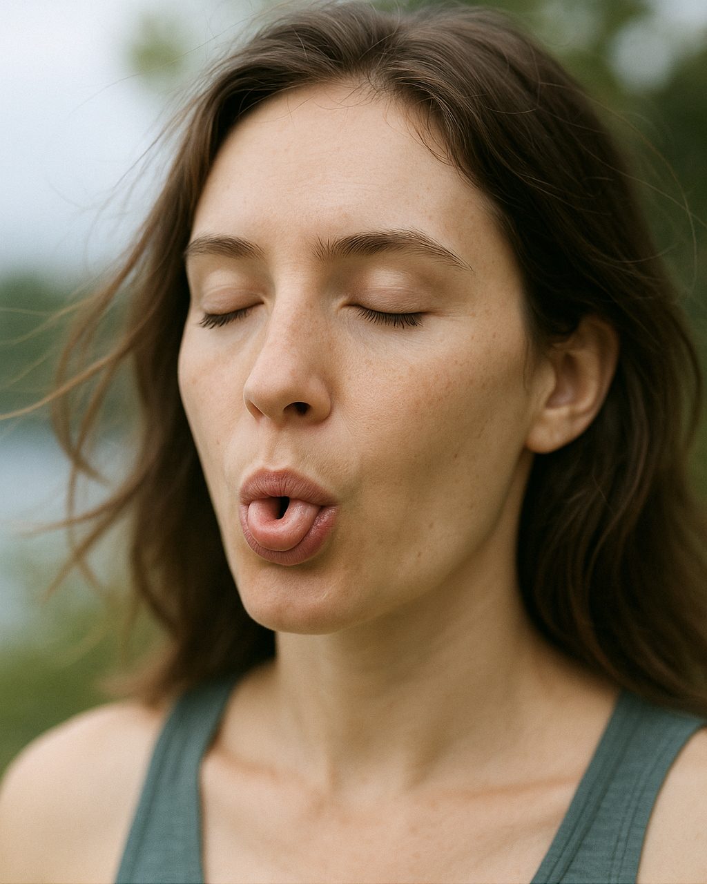 Primo piano di una donna che pratica Sheetali pranayama con la lingua arrotolata per rinfrescare il corpo secondo l’Ayurveda.