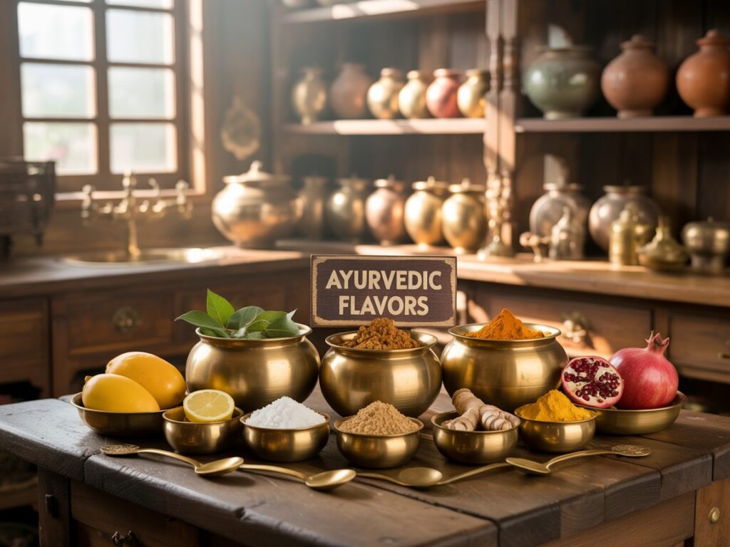 Tavolo ayurvedico tradizionale con sei ciotole di ottone contenenti gli ingredienti rappresentativi dei sei sapori Rasa: limone, sale, curcuma, melograno, tamarindo e spezie. Sfondo con cucina indiana in legno e luce naturale.