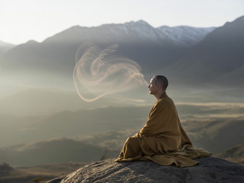 Un monaco seduto su una montagna intento a praticare tecniche di pranayama, utili per ridurre l'ansia