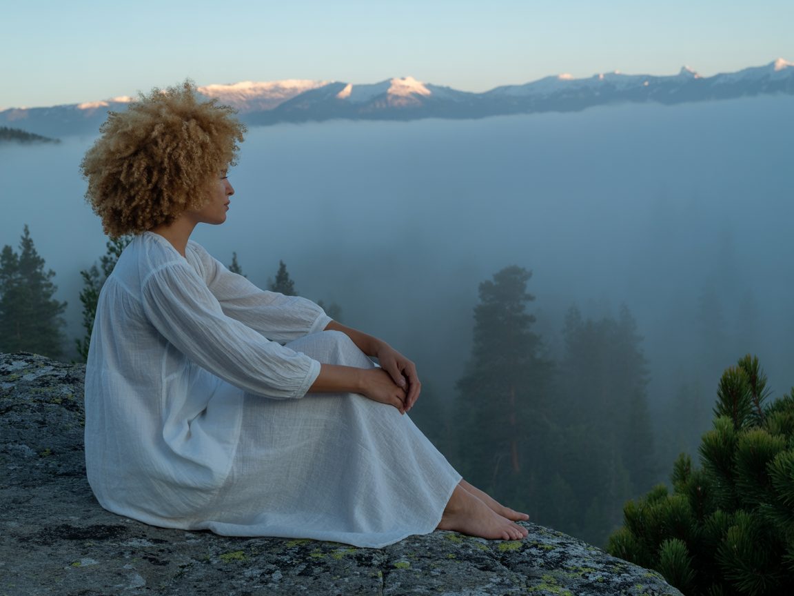 Una ragazza che sperimenta il silenzio per calmare la mente, seduta su una montagna mentre fissa il cielo